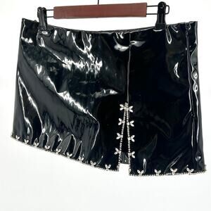 NWT DES PHEMMES Black Vinyl Crystal Embellished Micro Mini Skirt